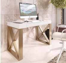 Load image into Gallery viewer, Luxury Slow-closing Drawer Rich Gold Legs Matt White Finish Desk - Hand Made
