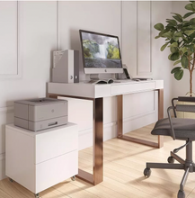 Load image into Gallery viewer, Luxury Slow-closing Drawer Rich Gold Square Legs Matt White Finish Desk - Hand Made
