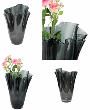 Load image into Gallery viewer, Hand Made Smoke Grey Corrugated Glass Vase
